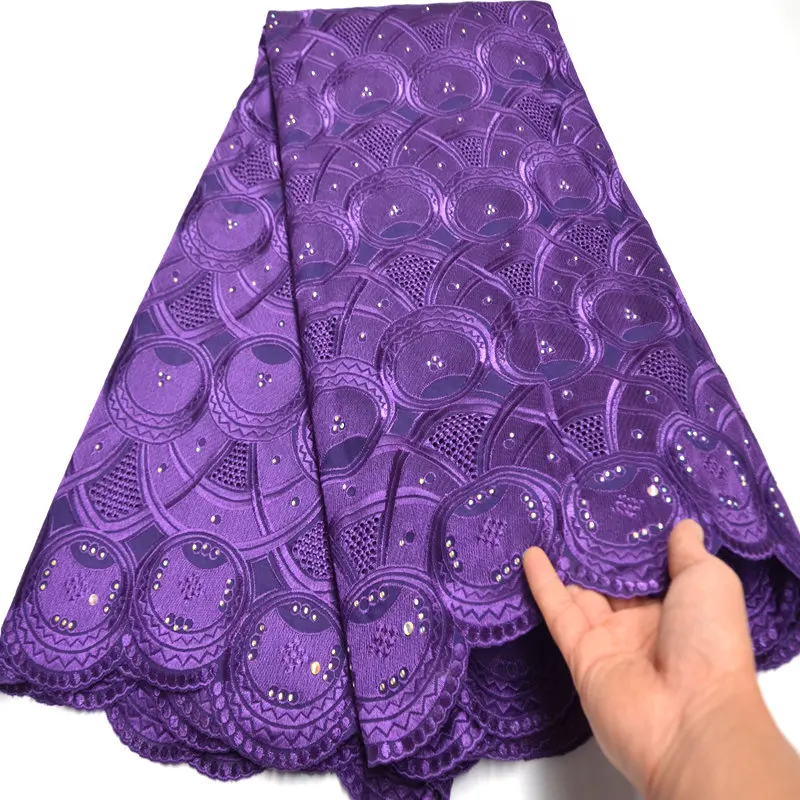 5 yards Purple 100% cotton swiss voile lace High quality African lace fabric with stones Nigerian traditional big occasion N8860