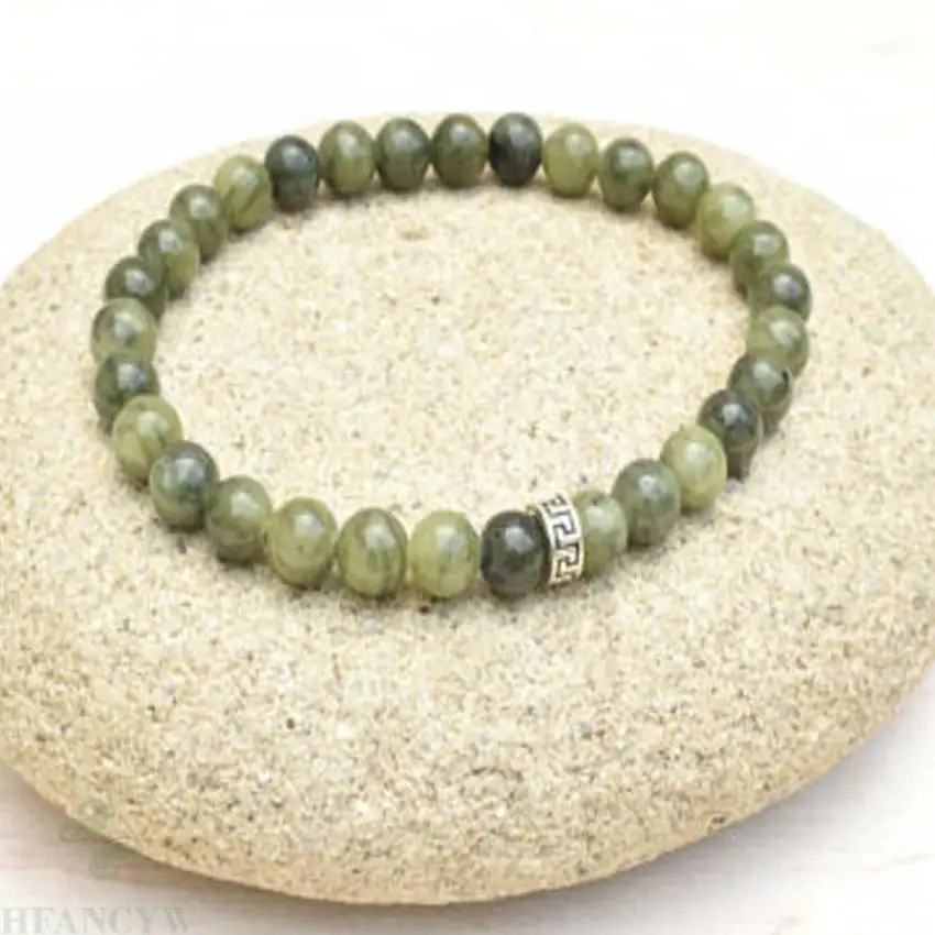 6mm Peridot Gemstone Mala Stretchy Bracelets 7.5 inches Tibet silver cuff men Bless Handmade pray energy Stretchy yoga Reiki