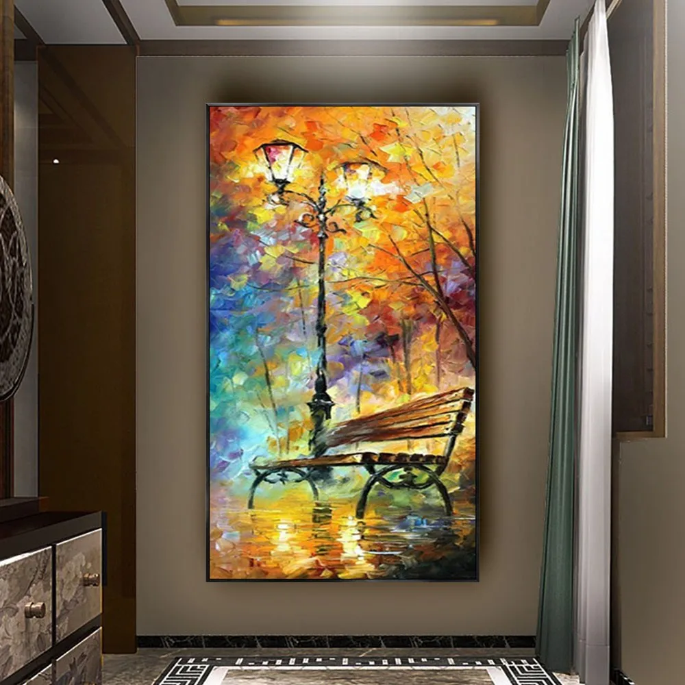 

Home Decor Wall Art Flip Chart Hand-Painted Oil Painting Abstract Knife Canvas Picture Street Light Bench Night Landscape Mural