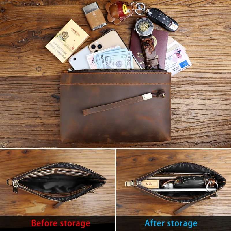 Handmade Genuine Leather Clutch Wallet Retro Long Handbag Large Capacity Organizer Hand Bag For Men