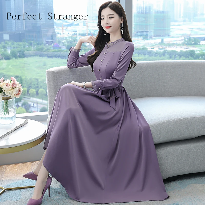 2021 Autumn Winter New Arrival OL Lady Clothing Satin Chiffon Solid Color Long Sleeve  Women Chiffon Long Dress