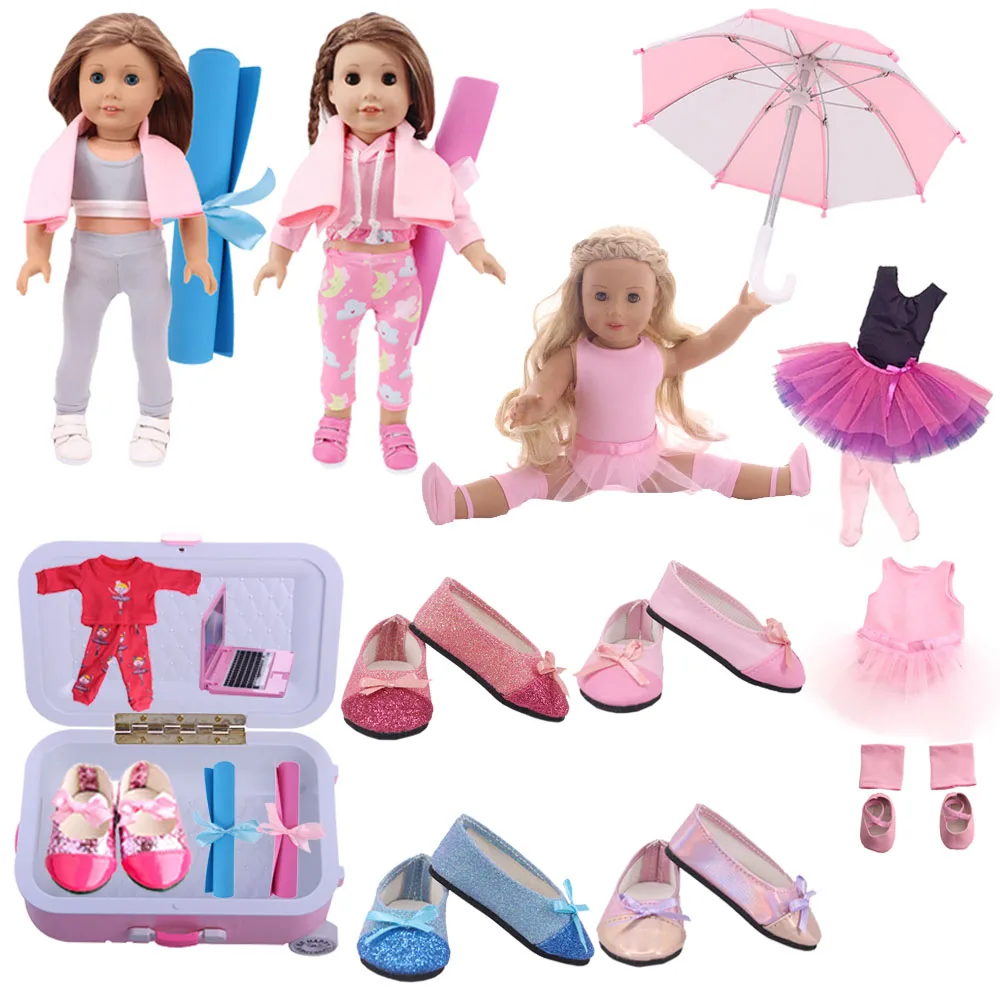 Doll Pink Series Ballet Clothes Shoes Umbrella Luggage Travel Sets Fit 18 Inch American Doll of Girl`&43 Cm Baby Doll Russia DIY