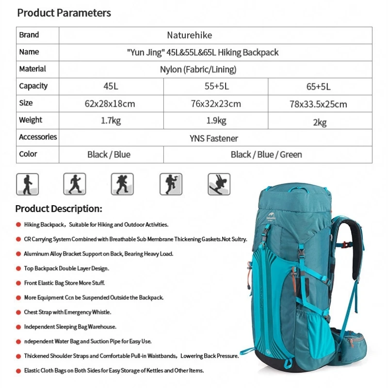 Naturehike Hiking Backpack 45L/55L/65L Professional Climbing Outdoor Hiking Travel Backpack Suspension System Climbing Backpack