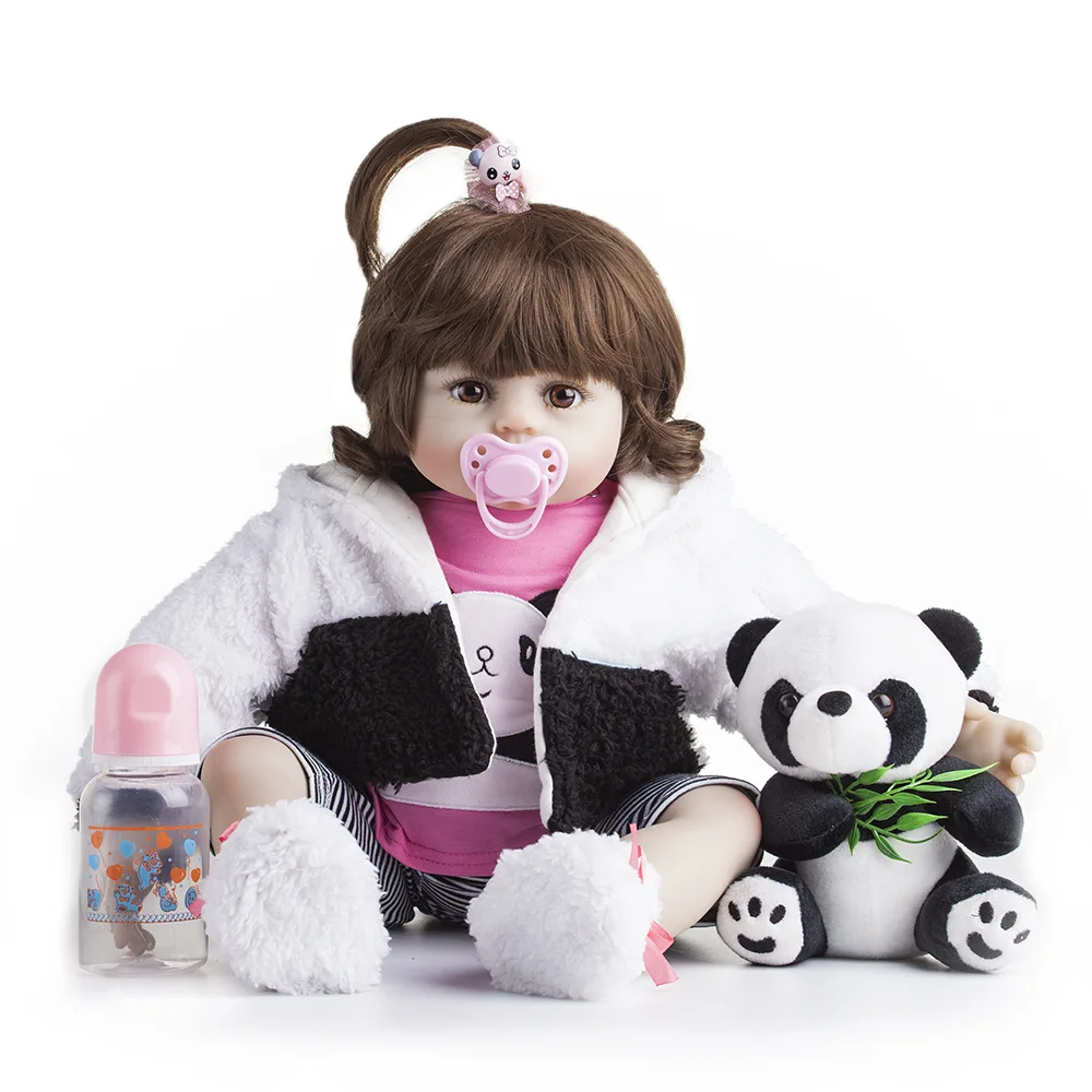 Reborn Doll full body soft rubber, children's growth playmate, clothing room panda pattern, braided hair