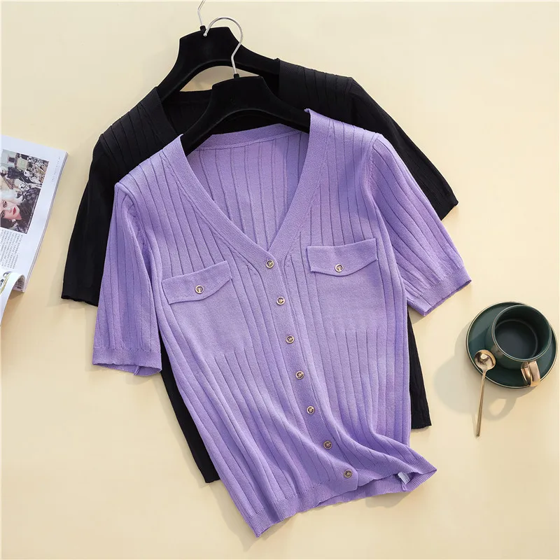 Sweater Elegant Blouses Women Korean Knitted cardigan Top Cropped Female Short Sleeve Button Up Shirt Slimming Jacket Femininas