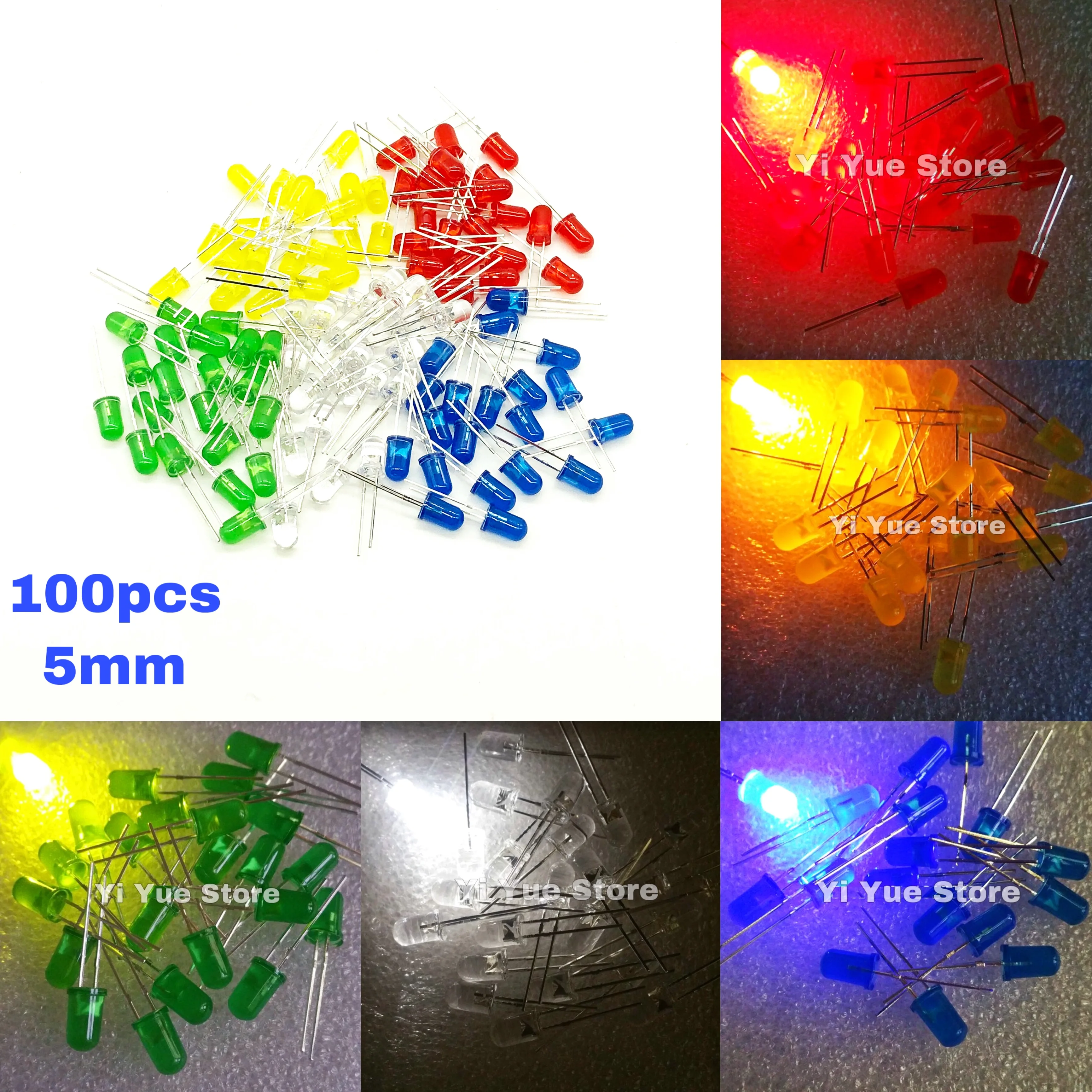 

100pcs LED Light Emitting Diodes Lamp Bulbs Kit 5mm Round Top 5 Colors Red Green Blue Yellow White Assortment Kit