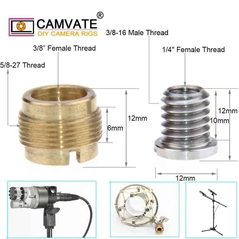 Adattatore per vite per microfono CAMVATE 2 pezzi con filetto maschio da 1/4 "-20 femmina a 3/8"-16 filetto maschio da 3/8 "-16 femmina a 5/8"-27 nuovo