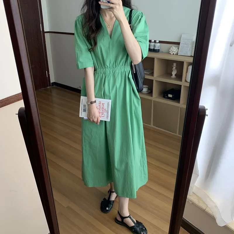 3Colors Summer Long dresses 2021 Women Korean Style High Waist V neck Lace Up Pockets Elegant Midi Long dress Female (N0194