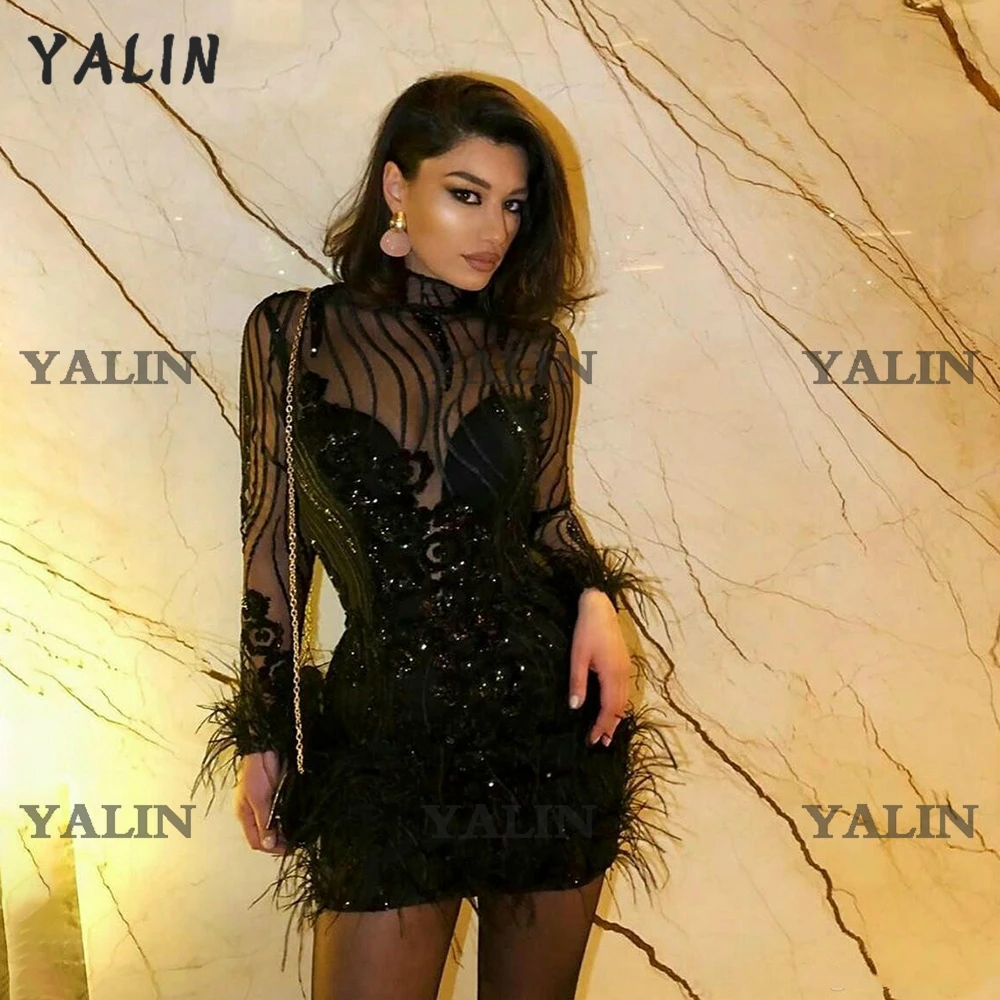 Customized Black Long Sleeve Cocktail Dresses High Neck Sheath Lace Sequins Short Party Gown Feather Prom Formal Occasion