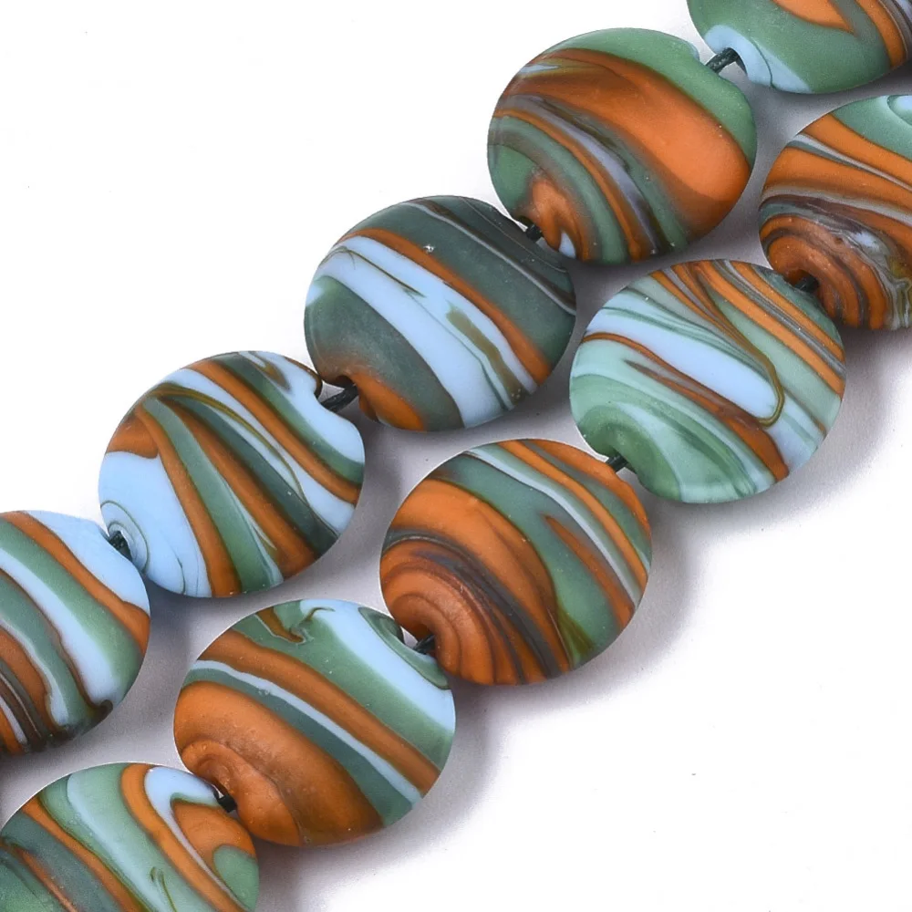 

about 35pcs/Strand Handmade Frosted Lampwork Stripe Beads Strands Flat Round Colorful Bead 15~16mm,hole: 1.2mm