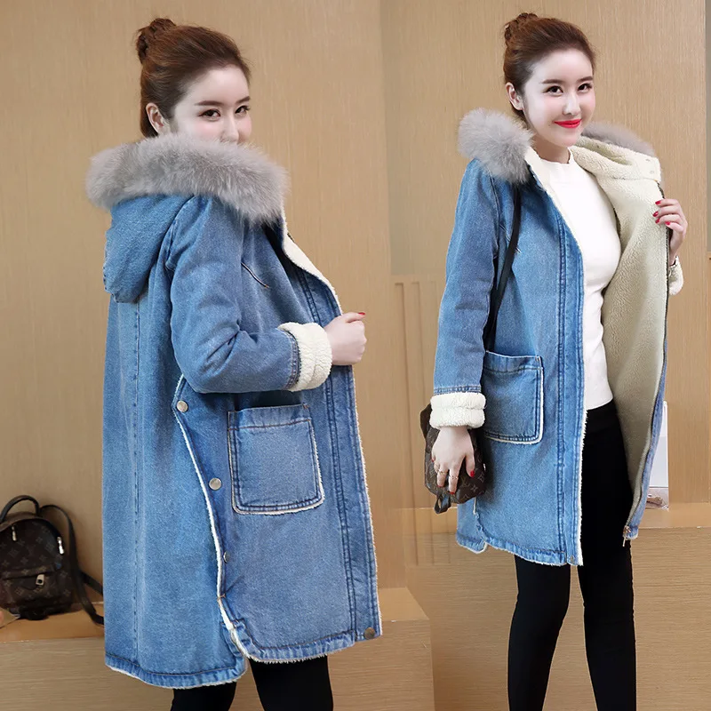 Elegant Women's Denim Jacket + Fur Hooded Korean Winter Coat Female Parkas Mujer 2020 Warm Wool Liner Long Coats 1213