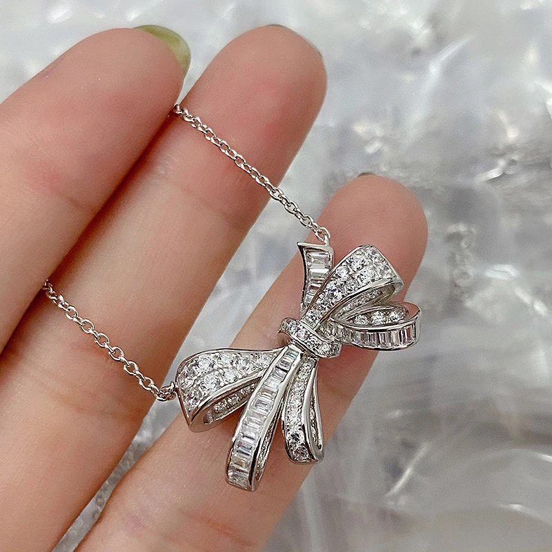 Luomansi Super Flashing Bowknot Diamond S925 Silver Necklace Fine Jewelry Wedding Party Birthday Romantic Woman Gift