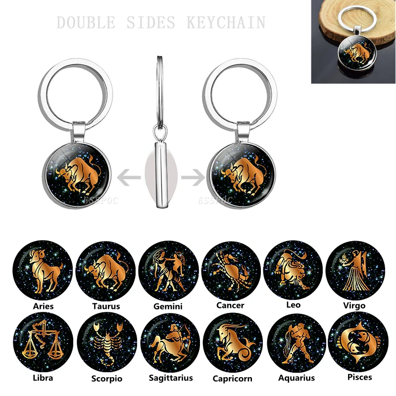 12 Constellation Double-Sided Glass Keychain Leo Virgo Aries Zodiac Keyring Pendant Jewelry Accessories Birthday Gift Wholesale