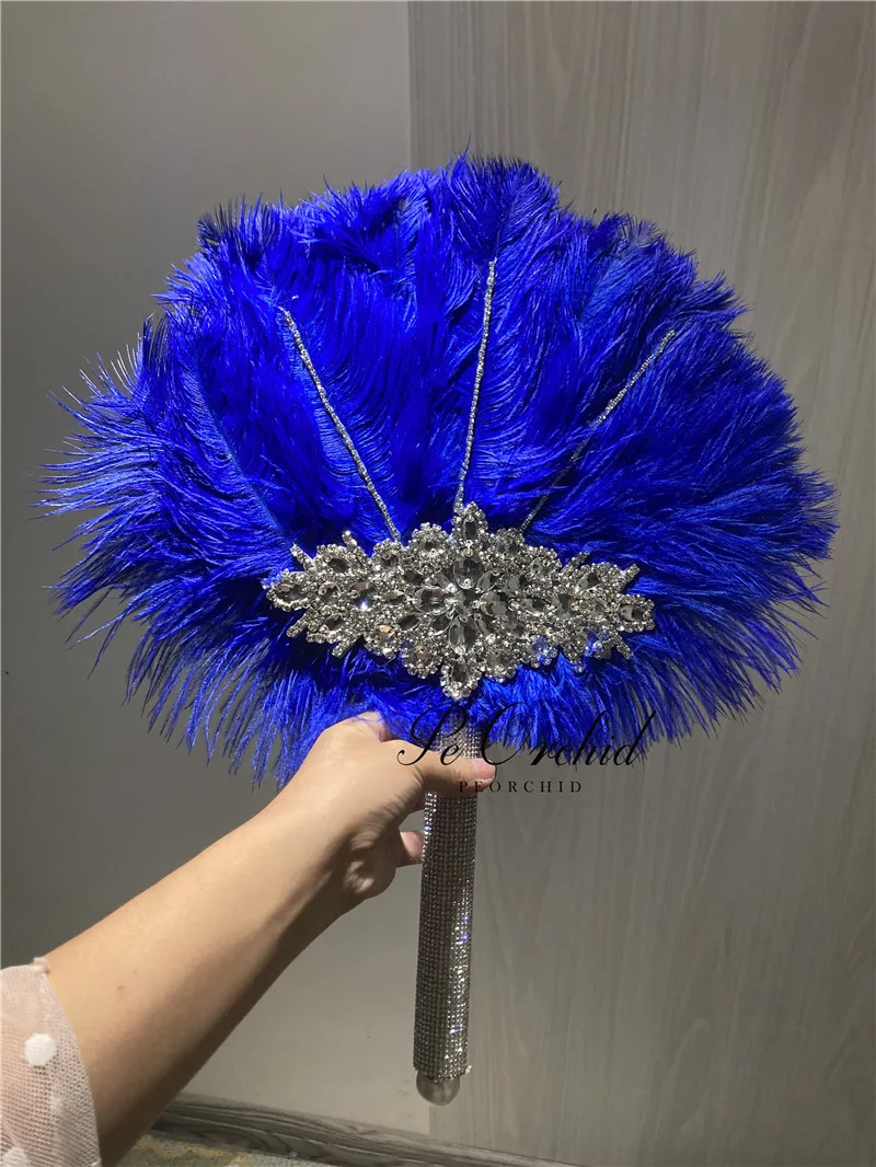 PEORCHID personalizzato ventaglio di piume ventilatore di struzzo da sposa Bouquet Great Gatsby stile anni '20 Bling Crystal Wedding Hand Fan Bouquet