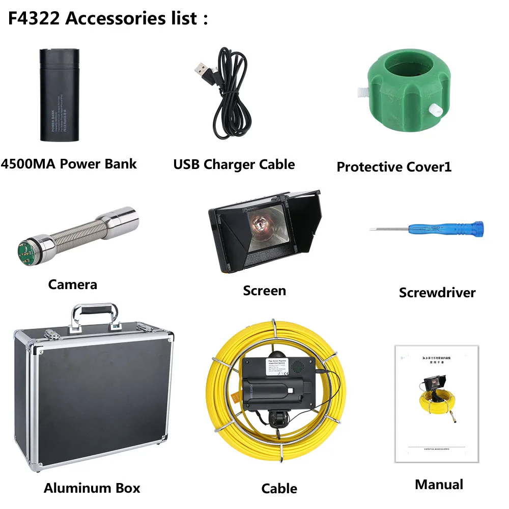 Handheld Industrial Drain Pipe Sewer Inspection Video Endoscope System 4.3 Inch Screen 22mm HD 1200TVL Camera IP68 DVR Recording
