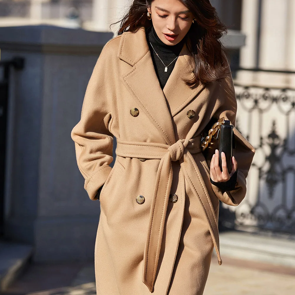 

High-end Winter Cashmere Coat Women Camel Color Long Wool Coat Classic Double-breasted Lace-up Coat Gray Red Coat Women 101801