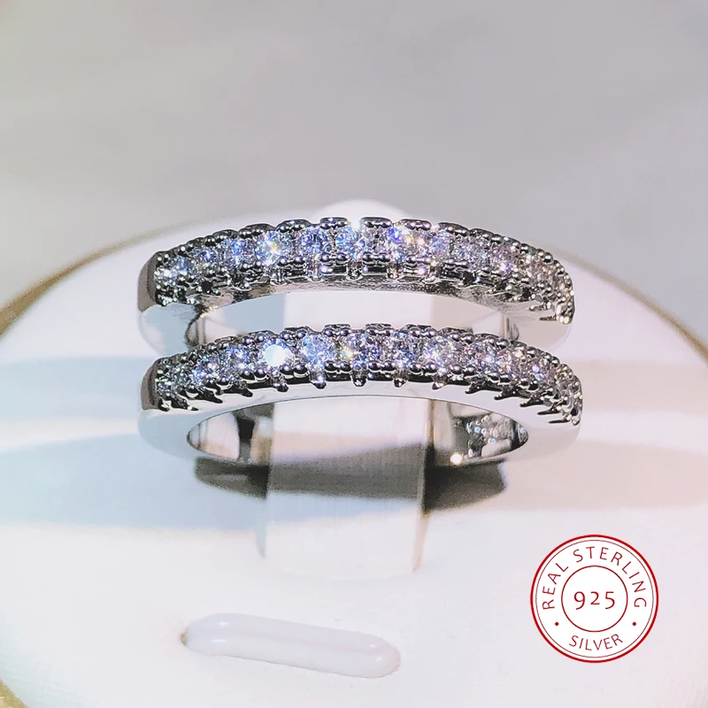 Biżuteria Dwurzędowy pierścionek z białą cyrkonią 925 Sterling Silver Biżuteria modowa dla pań Prezent ślubny na urodziny