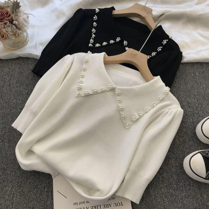 Pearl Beading Knitted T Shirt Tops Women Summer Short Sleeve Turn-down Collar Pullover Solid Slim Korean Fashion Female T-shirts