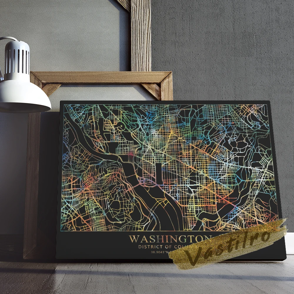 World City Map Poster, Black Color Line Art Prints, Washington Geography Location Wall Picture, America City Wall Art, Idea Gift