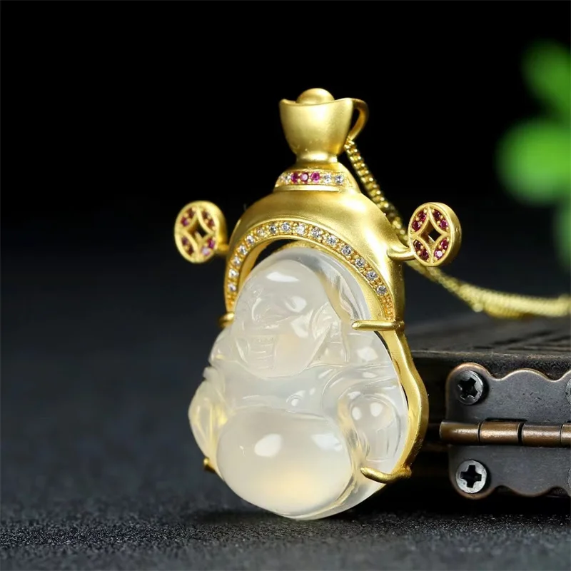 Hot selling natural hand-carved jade copper plated24k Ingot Buddha  Necklace pendant fashion Jewelry Men Women LuckGifts