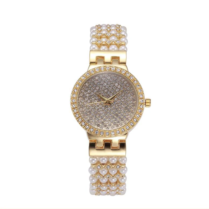 Women Watch Pearl Wrist Quarz Real Gold Hip Hop Jewelry