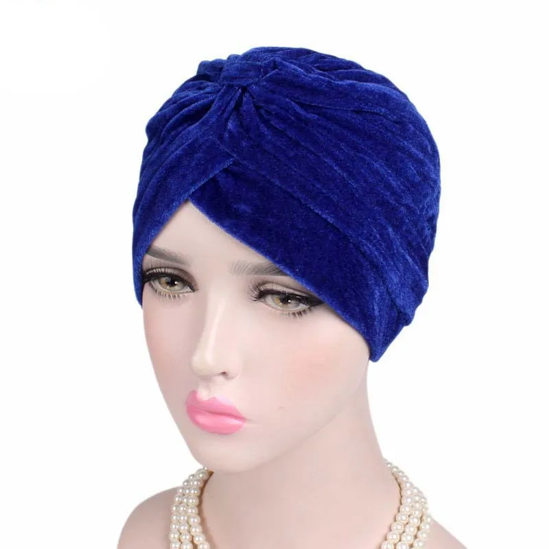 Muslim Women Ruffle Knot Twist Velvet Turban Hat Head Wrap Cancer Chemo Beanies Hijab Bonnet Cap Headwear Hair Accessories