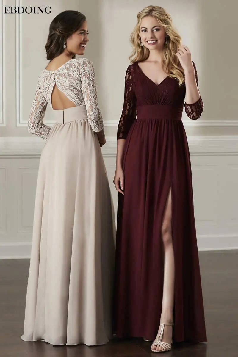 Newest Bridesmaid Dresses Lace A-line Robe De Soiree Floor-length V-neck Neckline Full Sleeves  Wedding Party Dresses