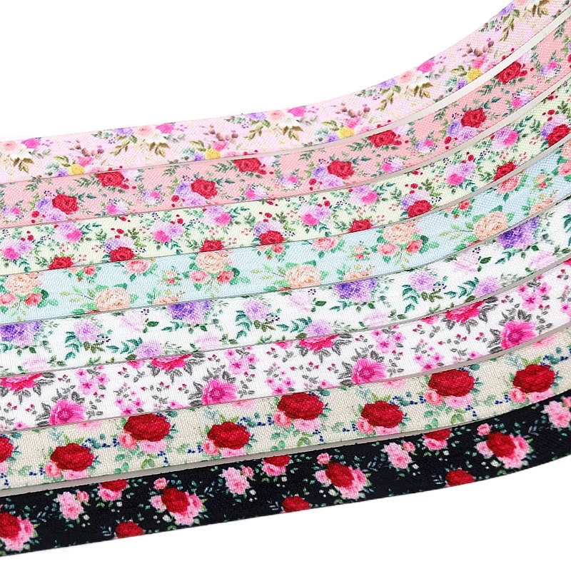 DHK 5/8'' 5yards Flowers Floral Rose printed Fold Elastic FOE stretch ribbon hairbow headwear headband DIY OEM 15mm E1932