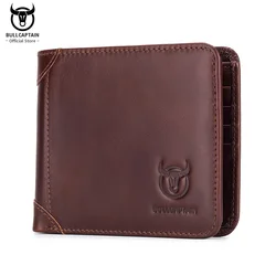 BULLCAPTAIN-cartera corta de piel auténtica para hombre, billetera pequeña con estampado de fotos gratis, RFID, 2021