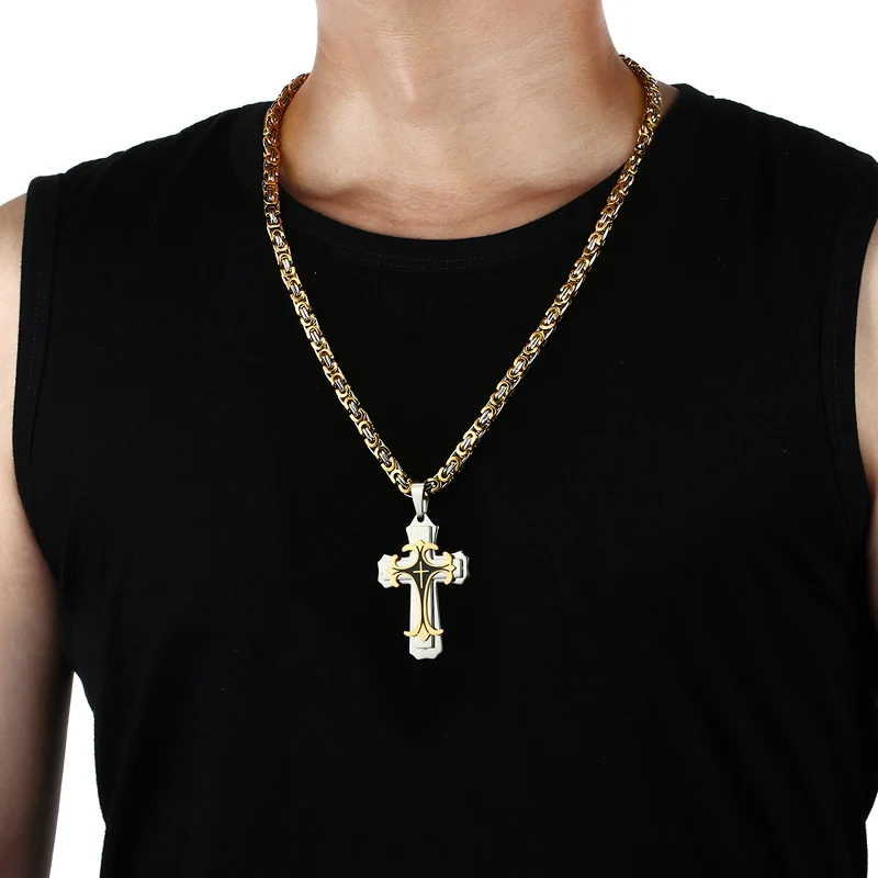 Male Vintage Christian Trinity Latin Cross Necklace Multi-layers Stainless Steel Cross Pendants Necklaces Catholic  Jewelry