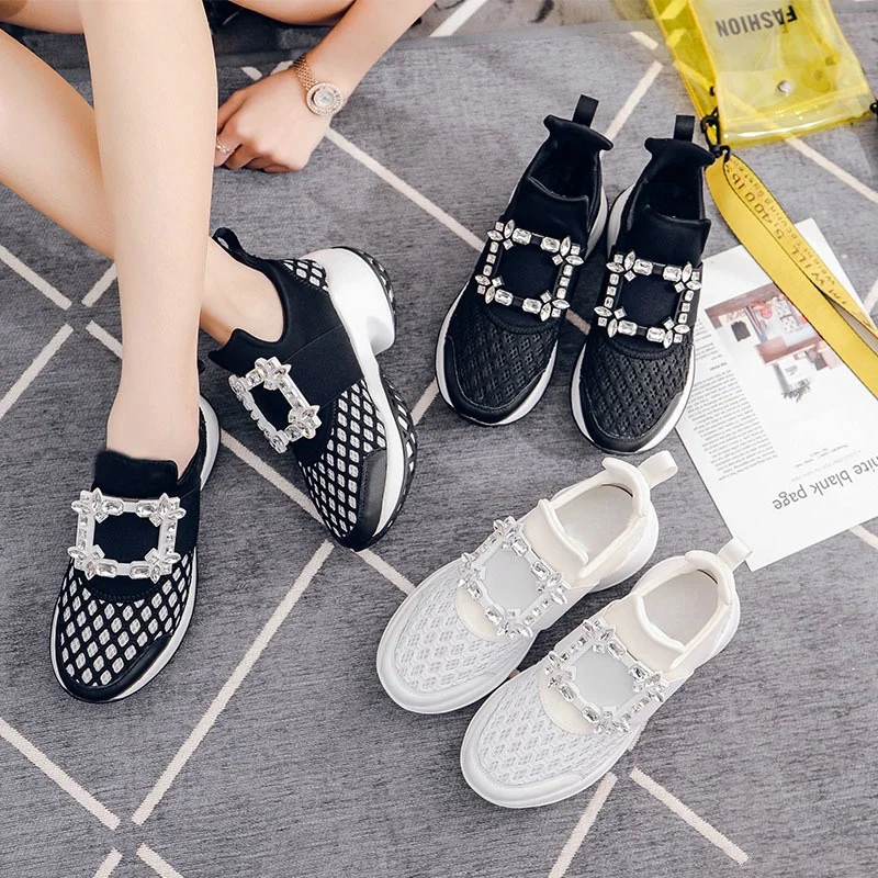 Mesh Designer Trainers Sneakers 2021 Platform Crystal Buckle Thick Bottom Chunky Women\'s Sneakers Vulcanized Casual Shoes