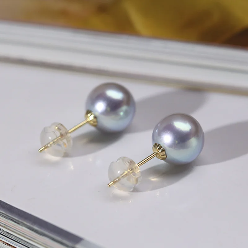 MADALENA SARARA AAA 8mm Akoya Grey Pearl 18K Gold Stud Earring Simple Pop Earrings Customizable