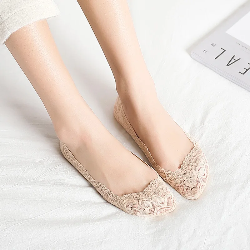 Lace High-heeled shoes socks non-slip Summer for Women ladies Cotton Invisible Solid Color Short Ankle Thin Boat slipper