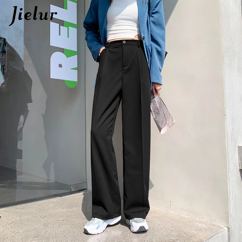 Jielur New Korean Style Zipper White Wide-leg Pants Women Solid Color Suit Trousers Female Autumn Gray High-waist Straight Pants