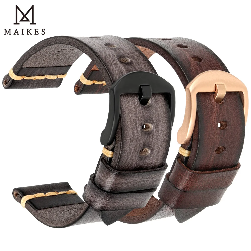 MAIKES Handmade Leather Watch Strap Men\'s Vintage Genuine Leather Watch Band 20mm 22mm 24mm For Panerai Fossil Casio SEIKO