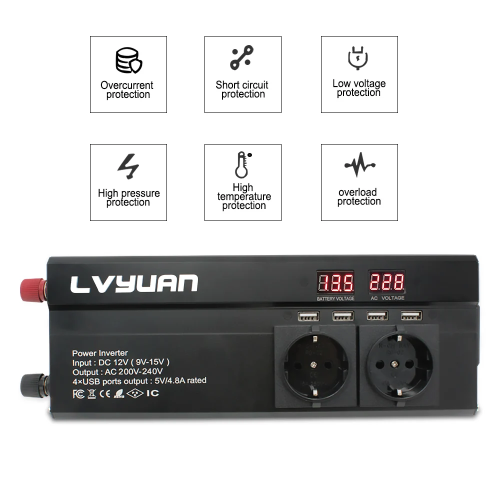 LVYUAN Car Inverter 2600W Power DC 12V/24V To AC 220V LED Display & 4USB Converter Charger Transformer EU/Universal Plug