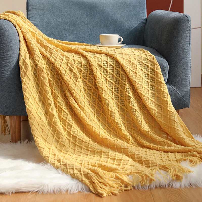 

Nordic Plaid Knitted Blanket Soild Color Sofa Throw Blanket Cover With Tassels Travel TV Nap Air Condition Blankets Bed Decor