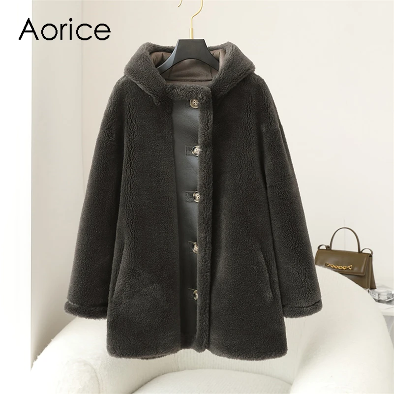 

Aorice Women Real Wool Fur Coat parka New Winter Warm Female Sheep Shearing Hood Jackets Overcoats CT147