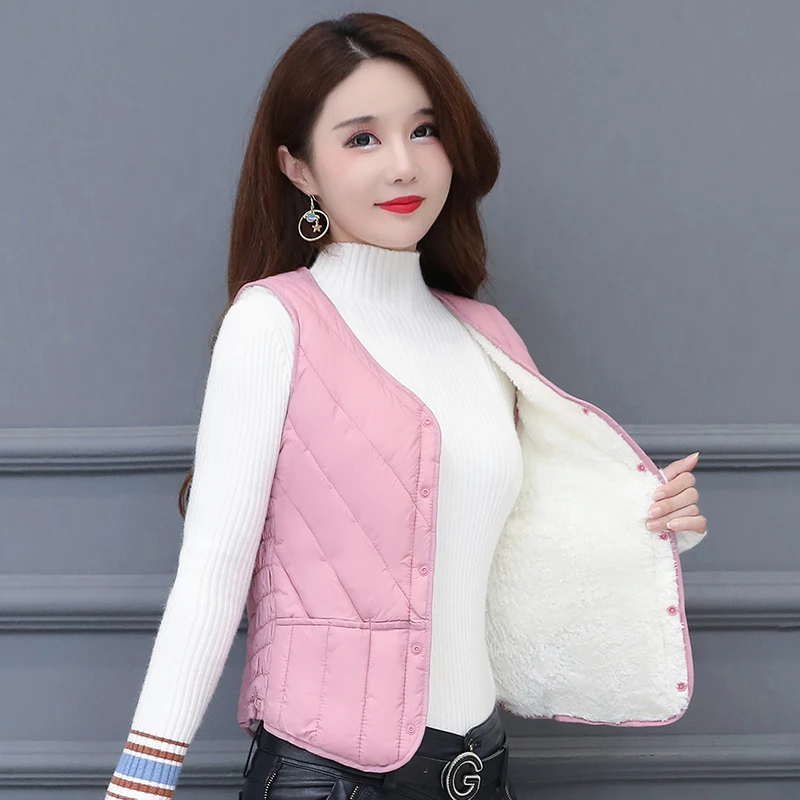 

Autumn Winter Fleece Down Cotton Waistcoat Female Thicke 5XL Thermal Vest Women Short Jacket Close-Fitting Inner Bile Vest