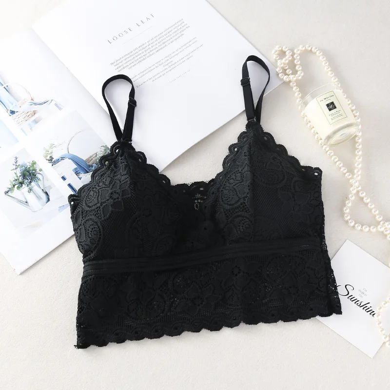 Women Lace Bra Wireless Brassiere French Floral Lace Intimates Deep V Bralette Top Removable Pads Cropped Top Underwear