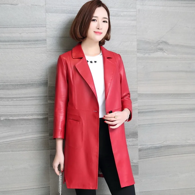 Real Leather Trench Coat Female Genuine Leather Jackets Women Long Natural Sheepskin Coats Spring Clothes Outwear LWL1434