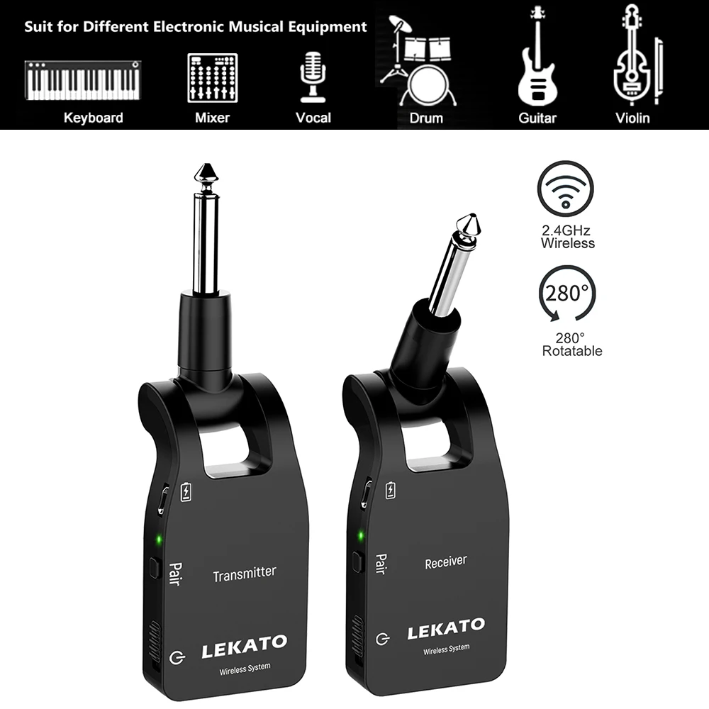 LEKATO WS-10 무선 기타 송신기 수신기, 충전식 6 채널, 30m 전송 범위, 무선 오디오 기타, 2.4G