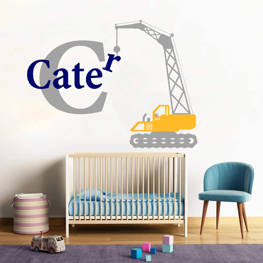 Cartoon Custom Name Construction Crane Wall Sticker Boy Kids Room Personalized Truck Crane Car Wall Decal Teen Vinyl Home Decor