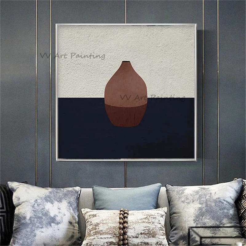 100% Handmade Original Oil Painting, Abstract Brown Vase Still Life Canvas Art, Modern Neutral Tone Luxury Wall Decor