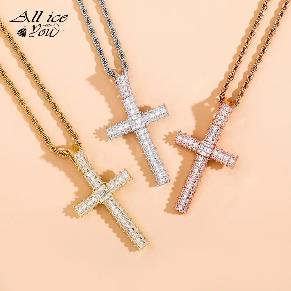 ALLICEONYOU New High Quality Iced Out Cubic Zircon Fashion Cross Crystal  Pendant&Necklace Hip Hop Fashion Jewelry FemaleGift