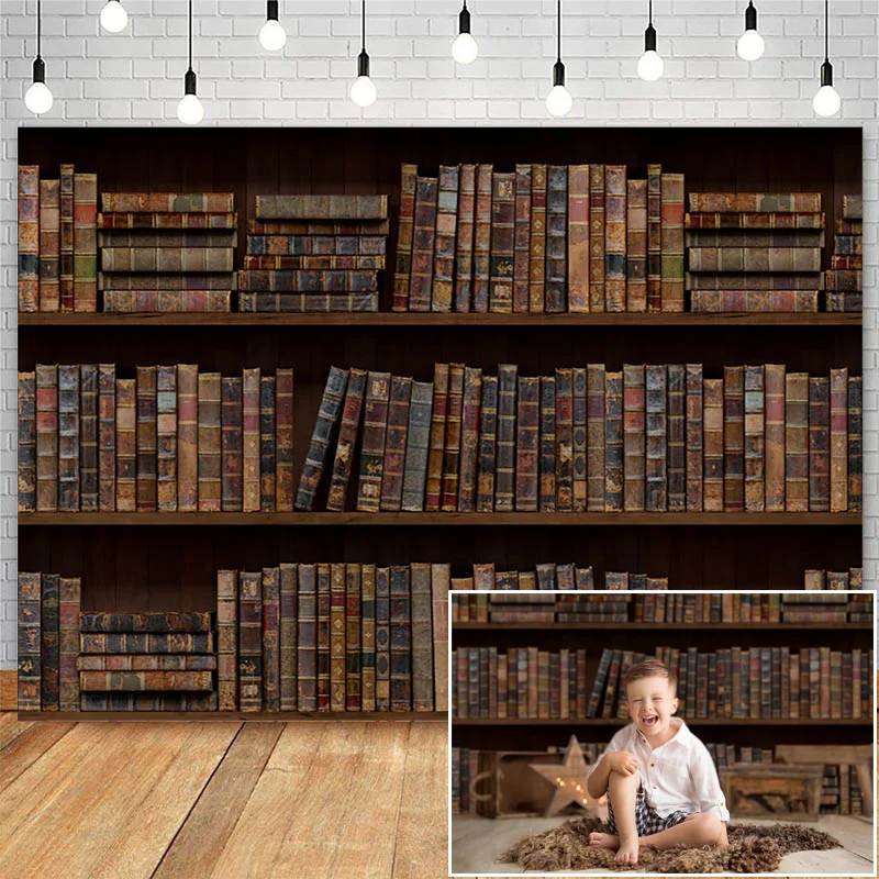 Arrière-plan de photographie de portraits d'enfants, bibliothèque vintage, arrière-plan de photographie, cabine de studio, accessoires de photographie, photocall de diplômés, thème de la bibliothèque