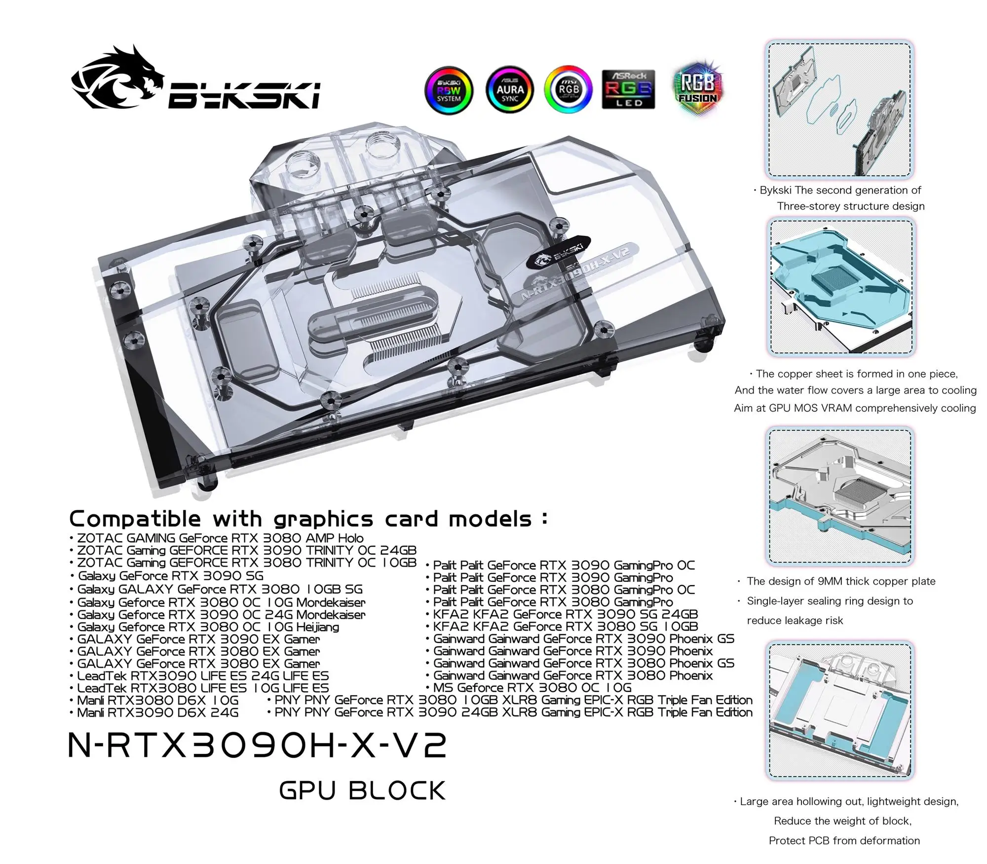 Bykski-bloque de agua para enfriador de N-RTX3090H-X-V2 GPU, para ZOTAC/GALAXY/LeadTek/Manli/PNY/Palit/KFA2/Ganiward/MAXSUN3090/3080 RGB