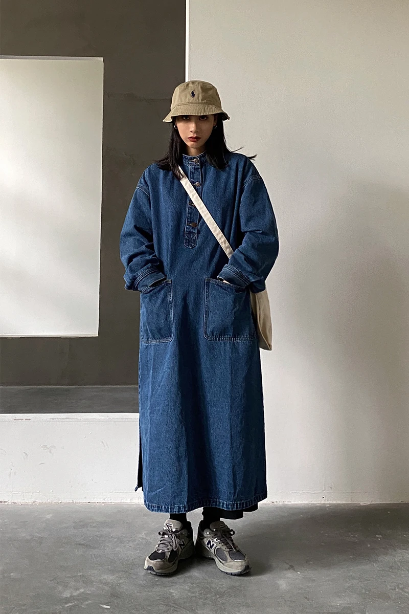 Free Shipping 2021 New Fashion Dresses With Pockets For Women Long Maxi Straight Full Sleeve Spring Autumn Denim Vintage