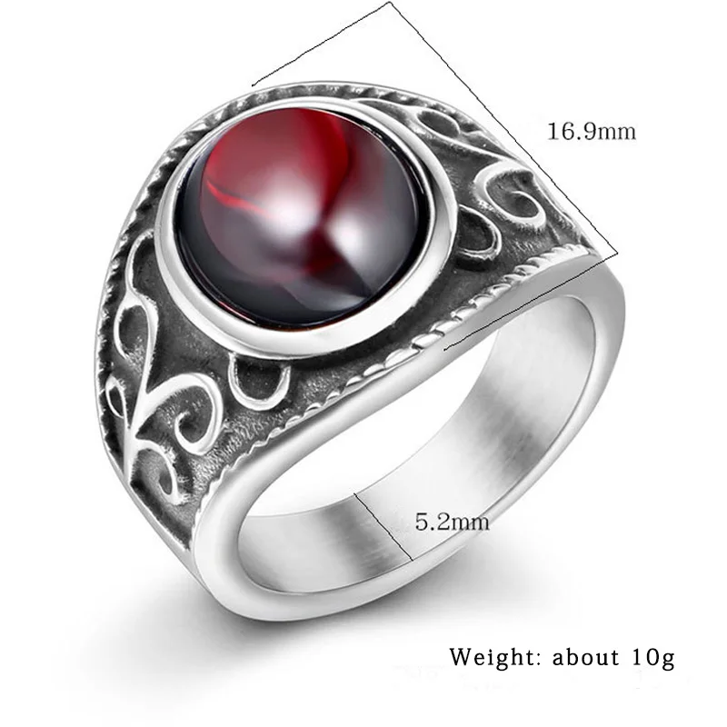 Vintage Stainless Steel Gothic Rings for Men And Women Engraved Flowers With Red Garnet Natural Stone Fine Jewellery