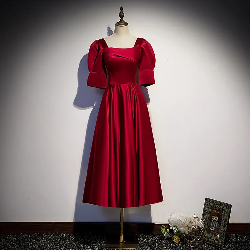 

Evening Dress Fashion Square Collar Tea-Length Empire Short Sleeve Simple Pleat A-Line Burgundy Party Formal Dresses Woman B1358